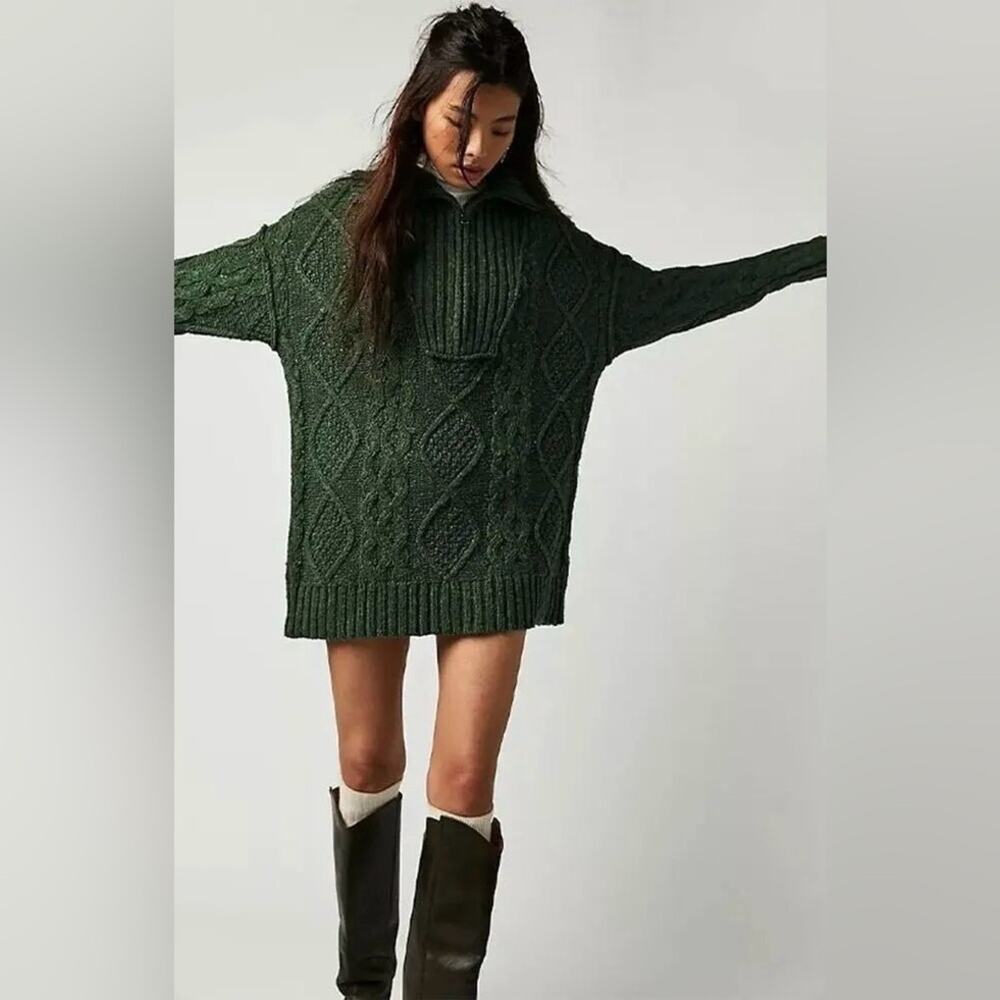 Free People x driftwood oversized green polo cable knit sweater